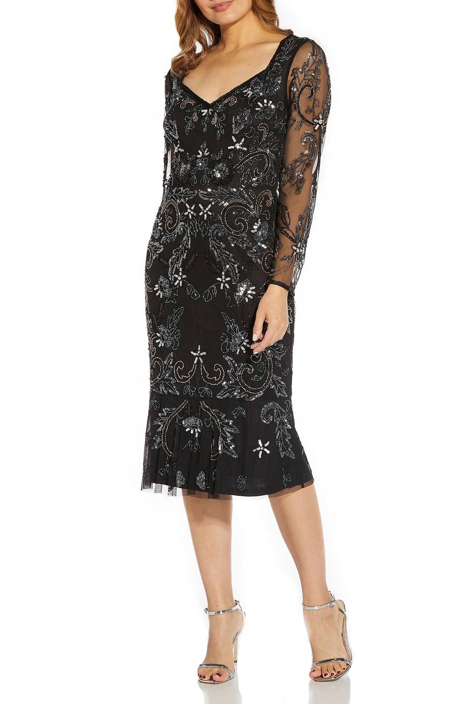 Adrianna Papell - Sweetheart Neck Long Sleeves Beaded Midi Dress