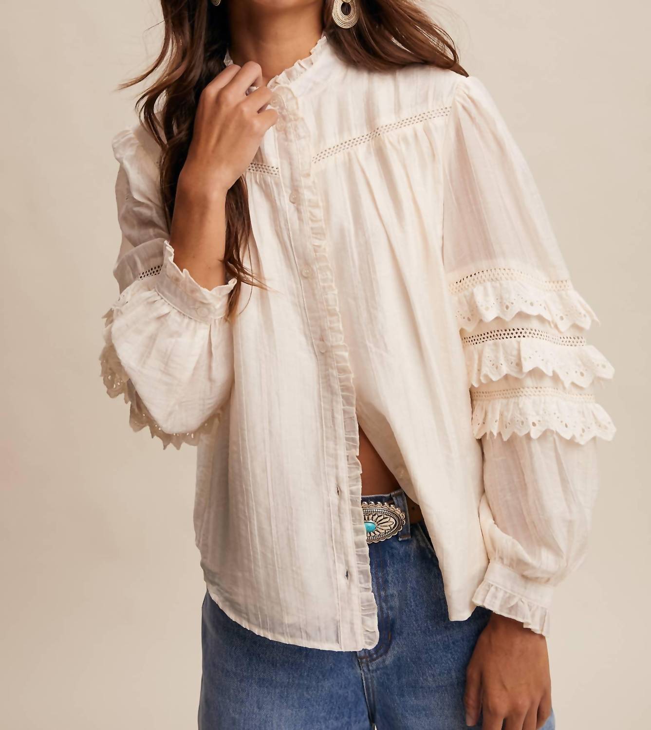 Listicle Lace Ruffle Sleeve Blouse in cream - women's blouse - view 7