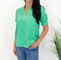 entro Floral Embroidered V-neck Puff Sleeve Top in green - women's t-shirt - view 4