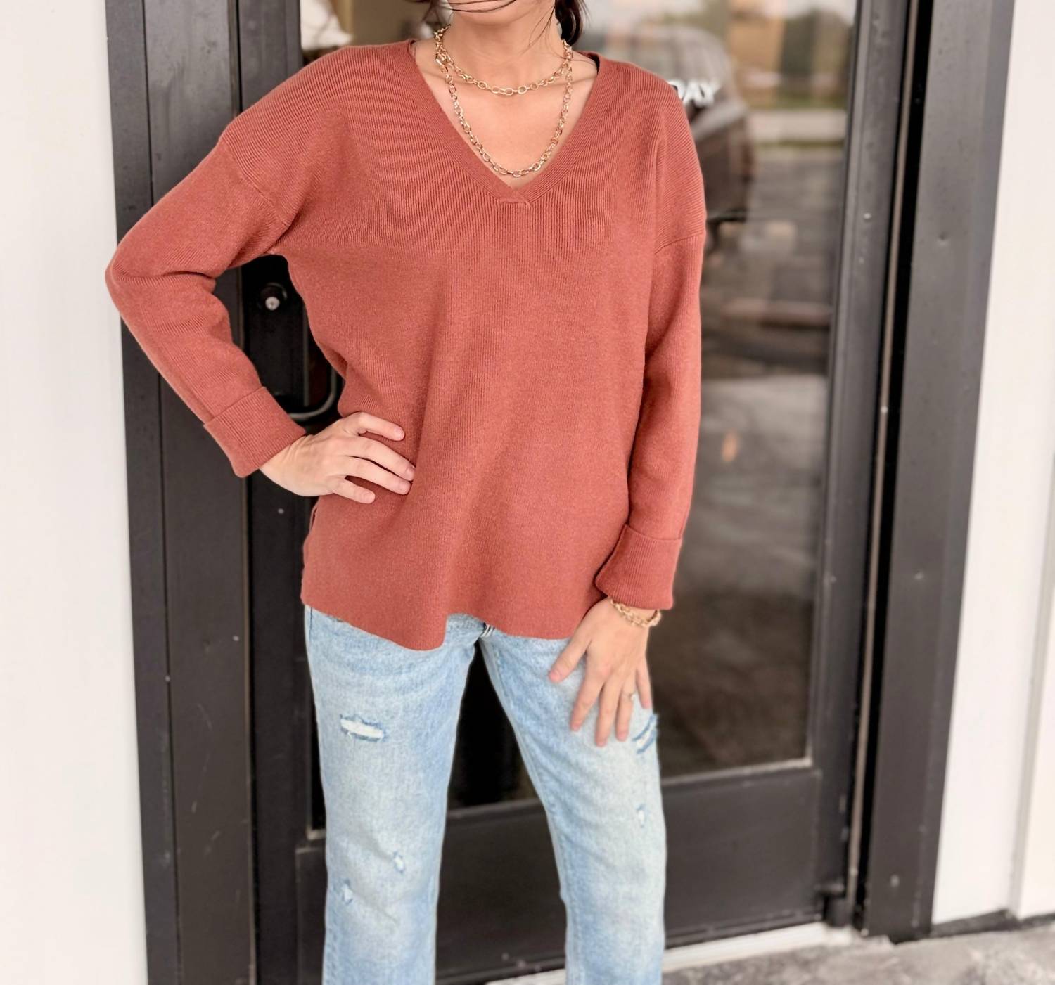 WISHLIST Lightweight V-Neck sweater in red - women's sweater