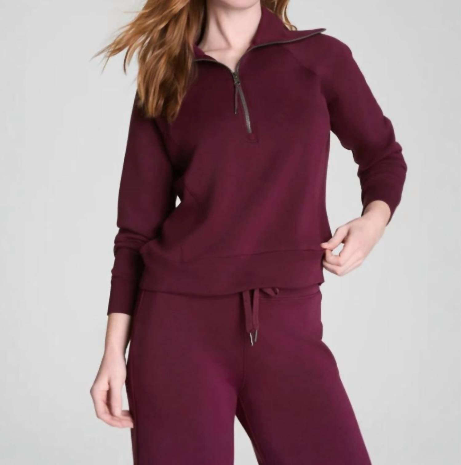 Spanx Air Essentials Half Zip Sweater in plum berry - women's sweater - detail view