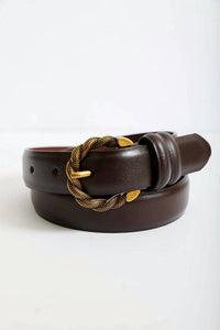 LETO Women's Two Tone Twisted Buckle Leather Belt in brown - women's accessory