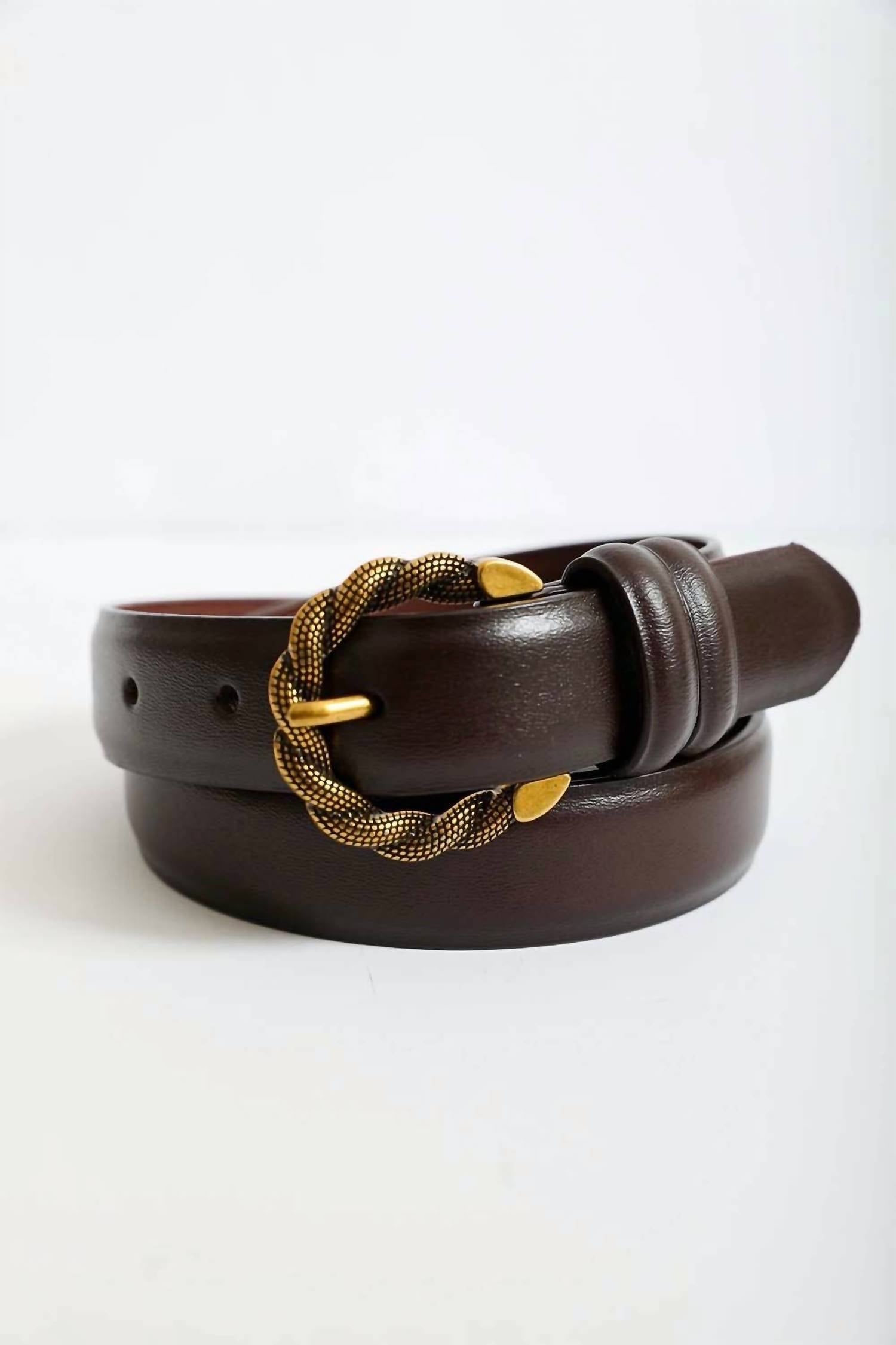 LETO Women's Two Tone Twisted Buckle Leather Belt in brown - women's accessory