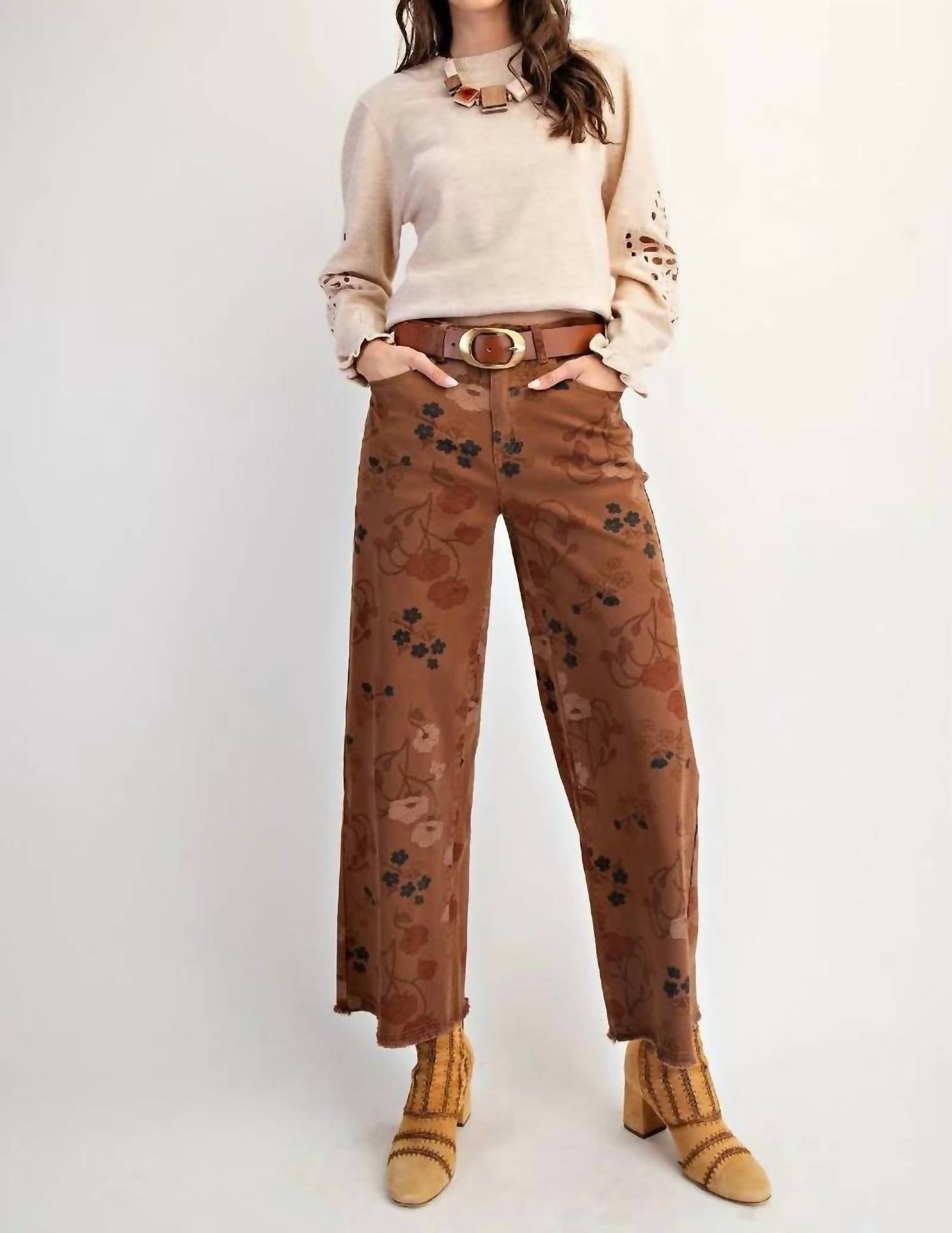 Easel - Women's Floral Printed Washed Stretch Twill Pants