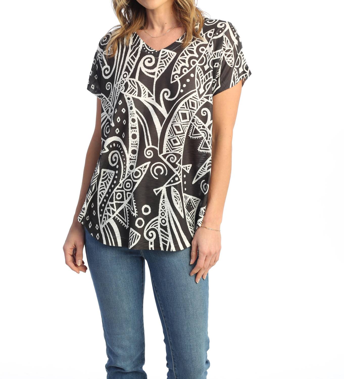 Jess & Jane Mystery Cap Sleeve Top in black white - women's blouse