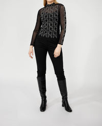 Frank Lyman Helena High Neck Long Sleeve Embellished Pullover in black silver - women's long sleeve top - view 4