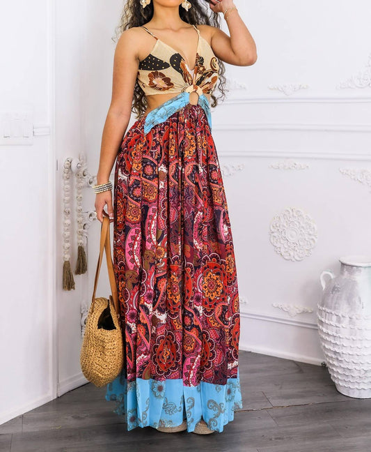 Surelymine - Boho Patchwork Cutout Maxi Dress with Side Slit
