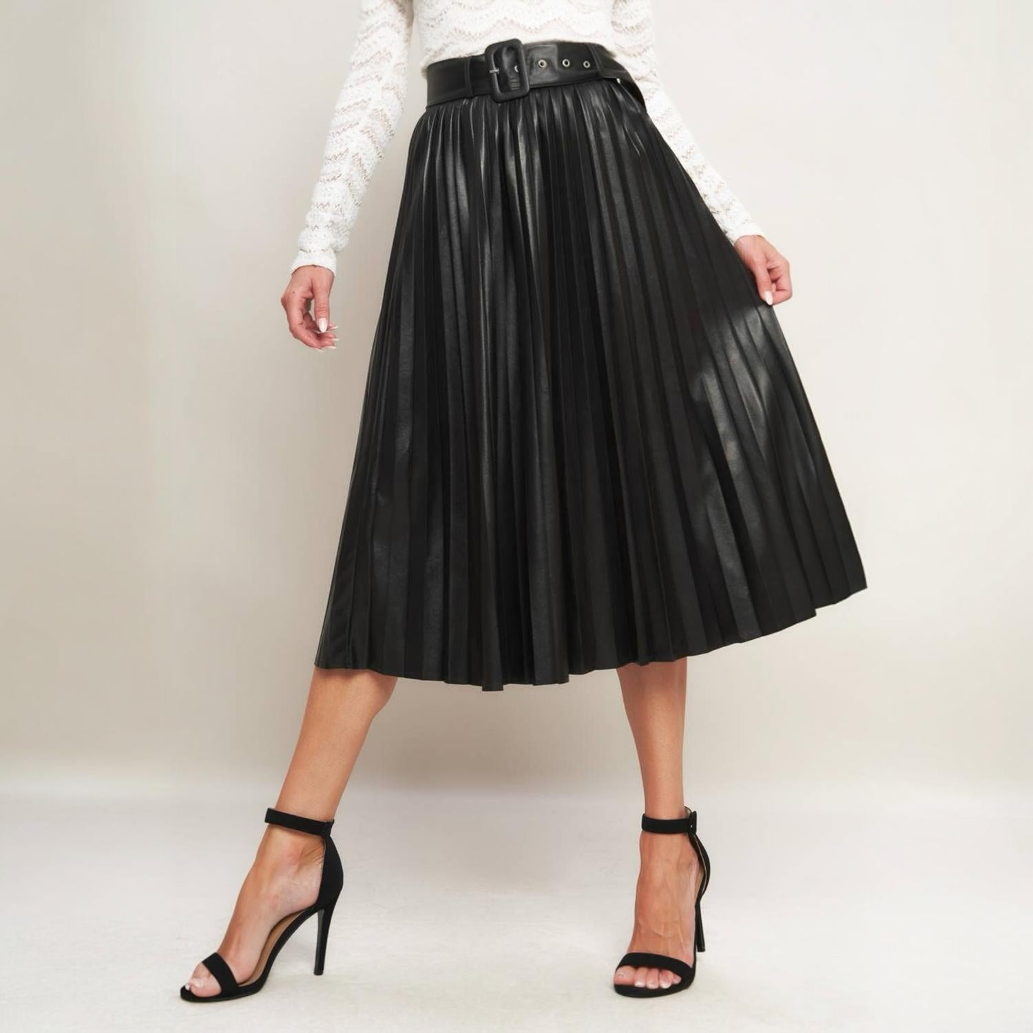FLYING TOMATO Faux Leather Pleated Skirt in black - women's skirt - alternate view