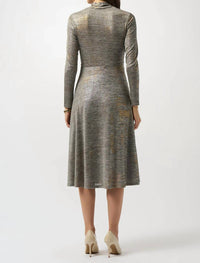 Joseph Ribkoff Foiled Faux Wrap Fit And Flare Dress in beige multi - women's dress - detail view