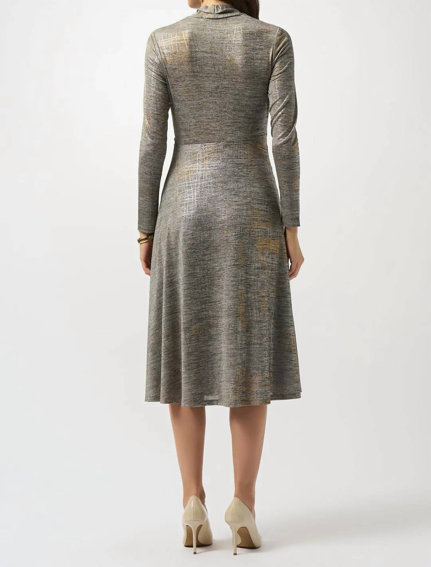 Joseph Ribkoff Foiled Faux Wrap Fit And Flare Dress in beige multi - women's dress - detail view