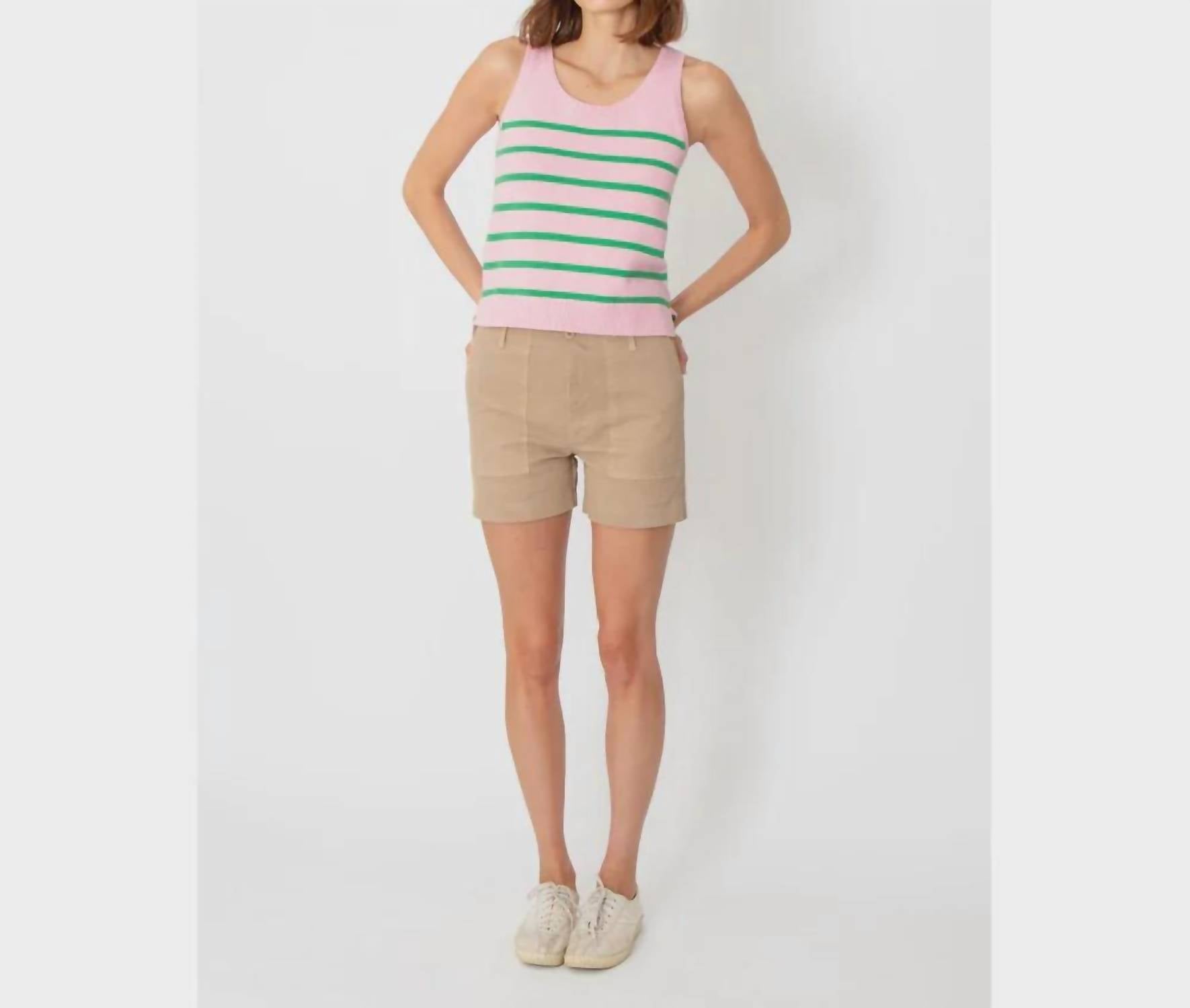 KULE Mid Rise City Shorts in sand - women's shorts - detail view