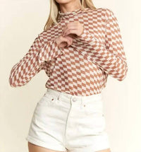 Jade By Jane - Checkered Mesh Mock Neck Top
