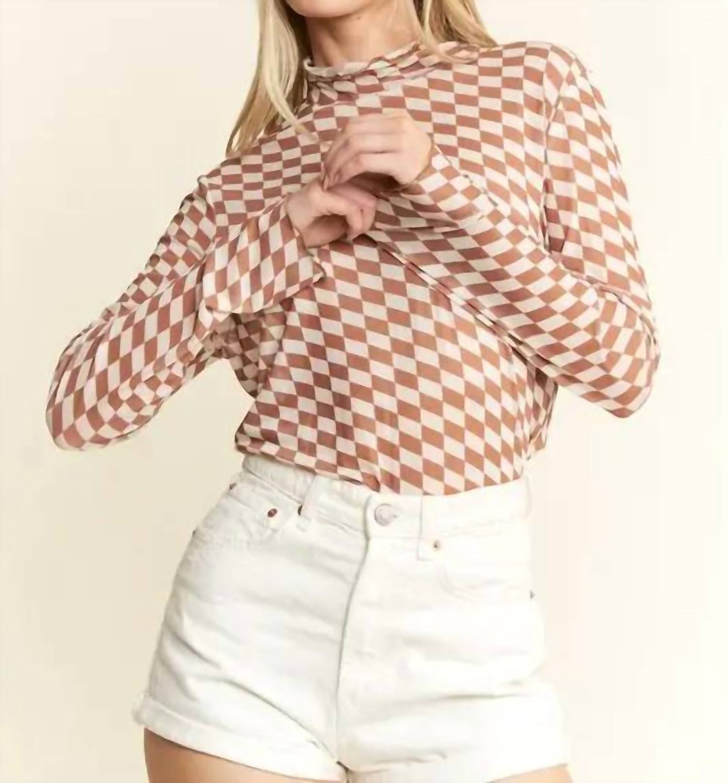 Jade By Jane - Checkered Mesh Mock Neck Top