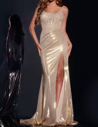 JOVANI Beaded Bodice And High Slit Sleeveless Gown in gold - women's dress
