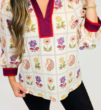 Entro - Floral Printed Contrast Split Neck Top