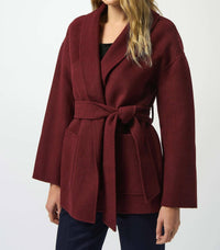 Joseph Ribkoff Belted Shawl Collar Coat in merlot - women's jacket