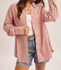 Hem & Thread Oversized Striped Button Down Long Sleeve Shirt in pink - women's long sleeve top - alternate view