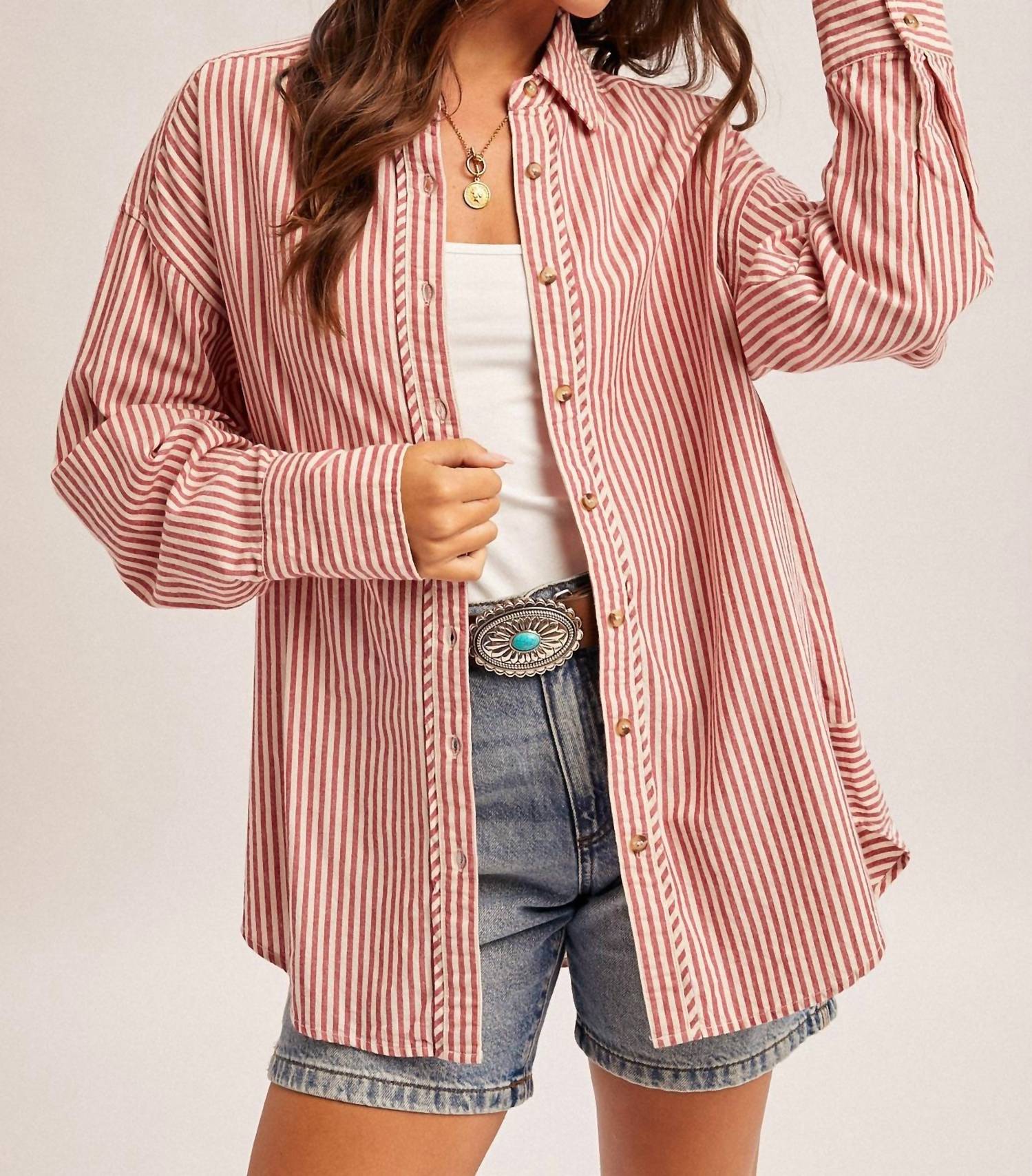 Hem & Thread Oversized Striped Button Down Long Sleeve Shirt in pink - women's long sleeve top - alternate view