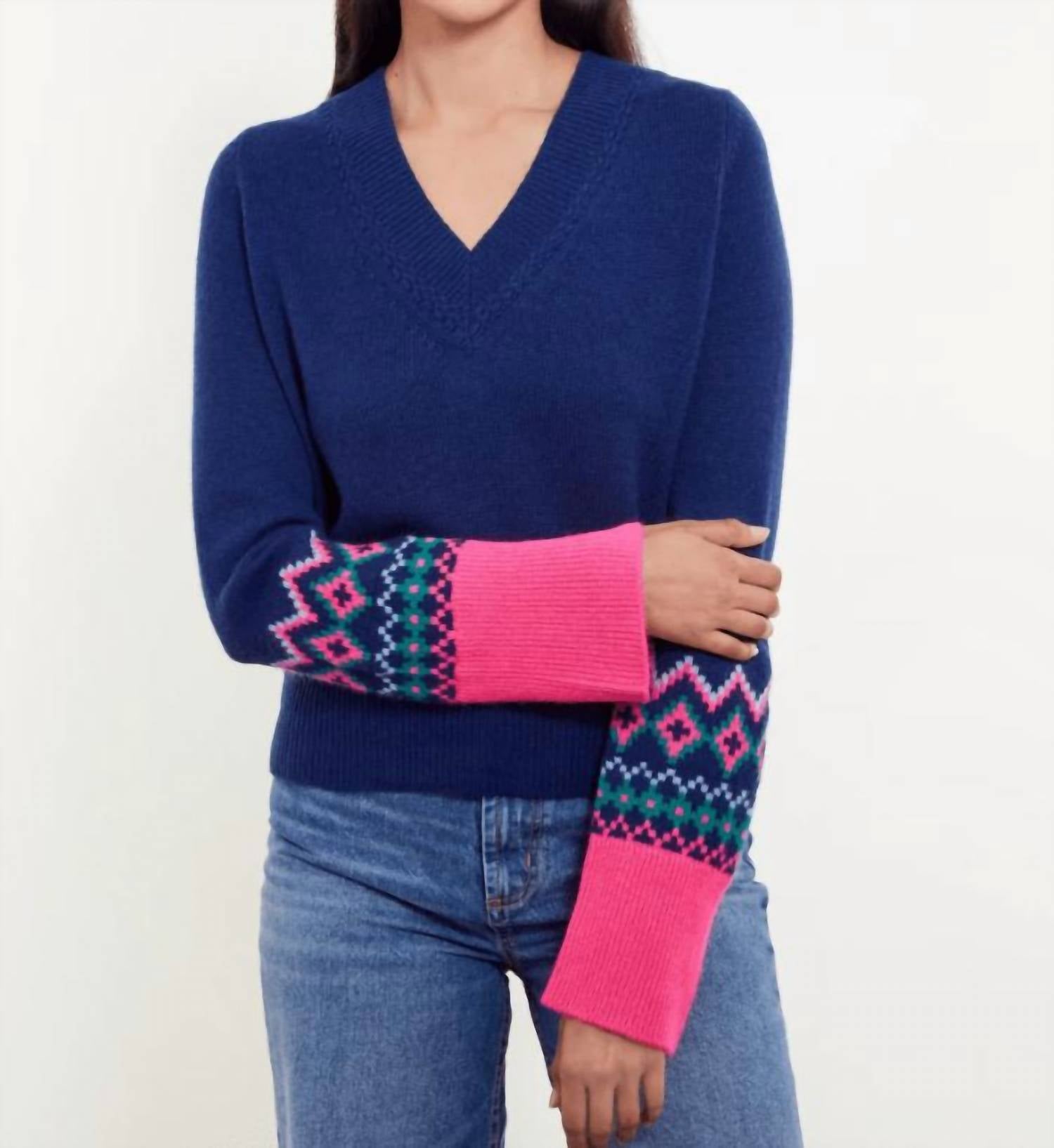 &Isla - Women's Helena Fairisle Cuff V Neck Top