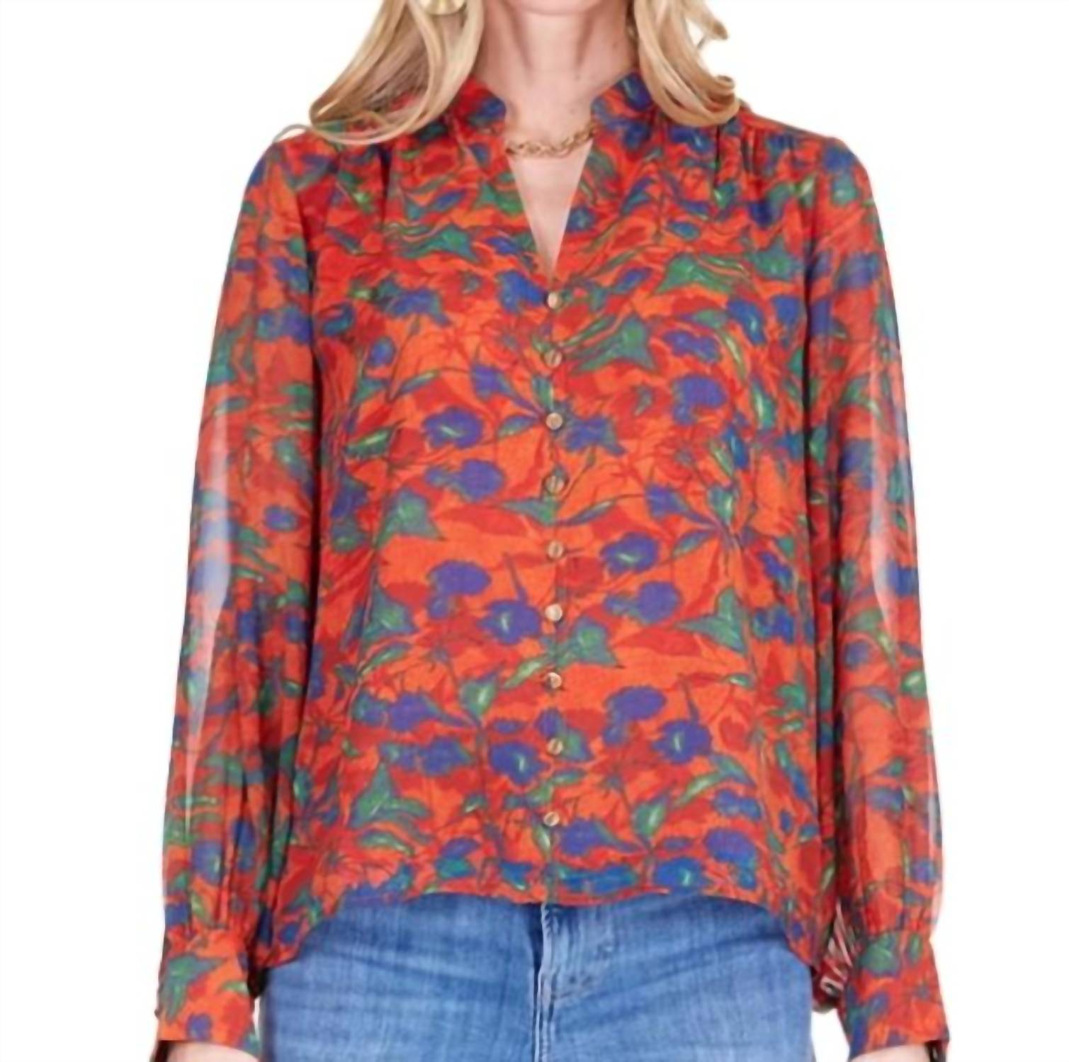 Joy Joy Front Split Buttons Top in marigolds - women's blouse
