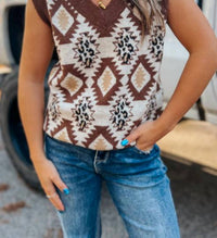 Lucky & Blessed - Aztec Leopard Knit V-neck Sleeveless Sweater Top
