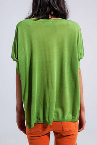 Q2 Super Soft V Neck Short Sleeve Sweater Top in green - women's sweater - detail view