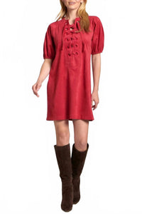 Apny - Vegan Suede Lace-Up Puff Sleeve Dress