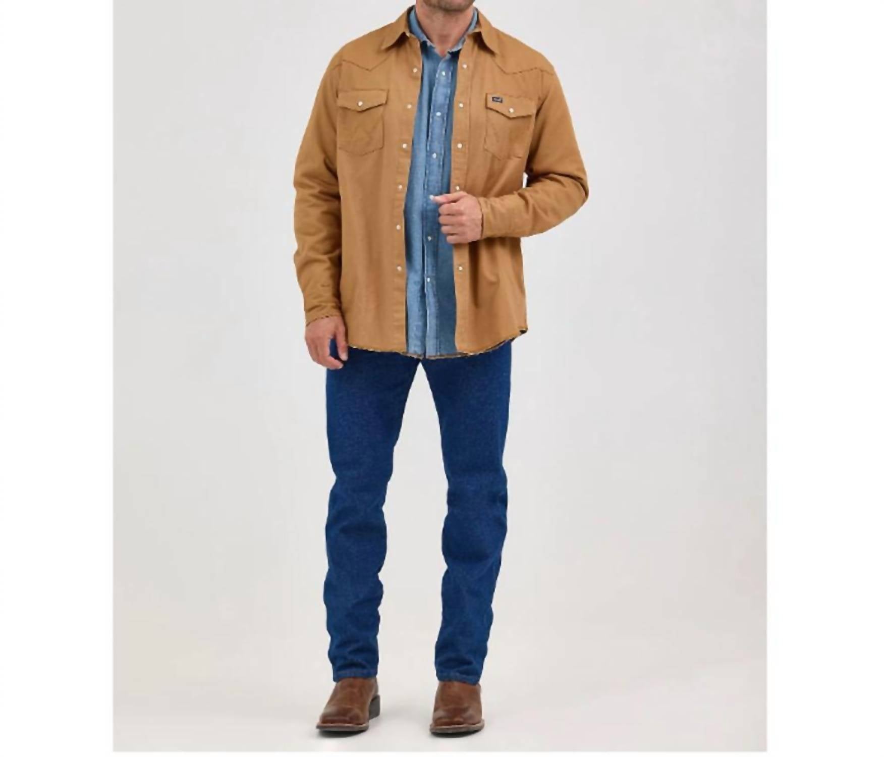 Wrangler Long Sleeve Flannel Lined Work Shirt in rawhide - men's shirt - detail view