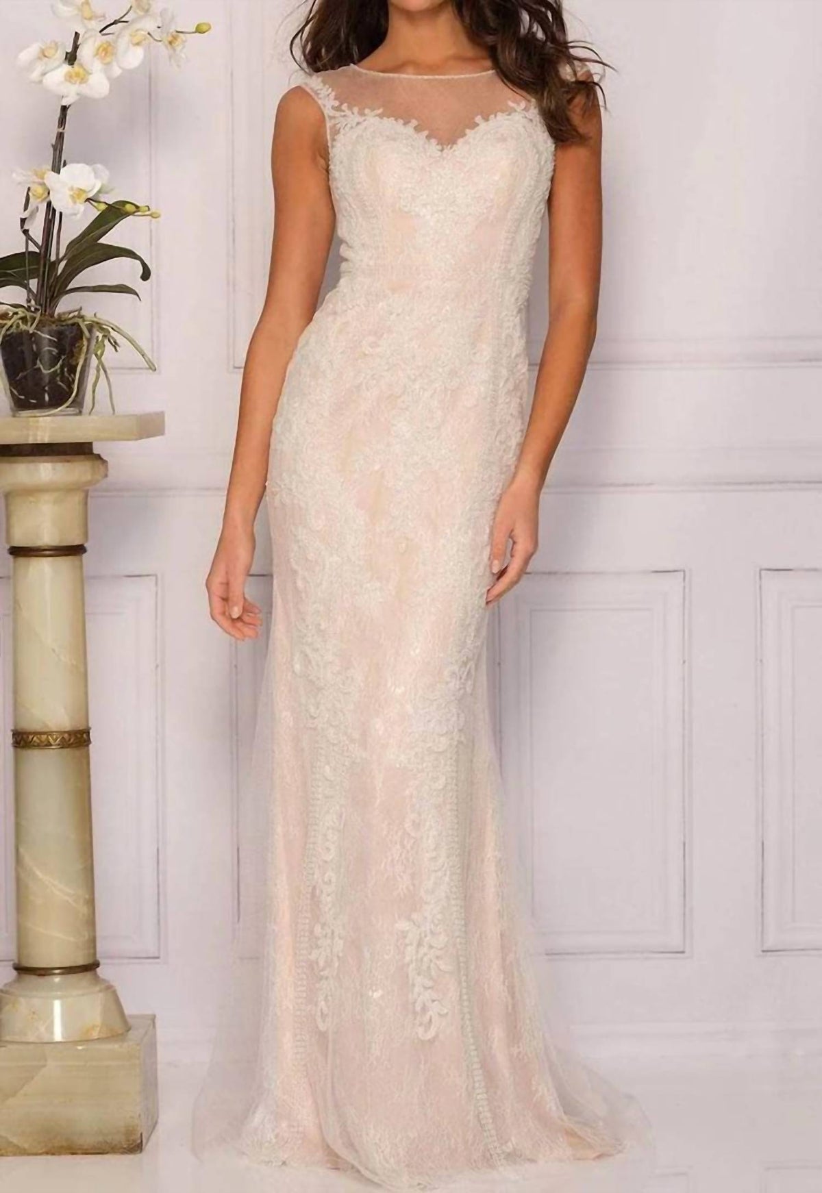 Dave & Johnny - Sheer Bateau Sweetheart Evening Gown