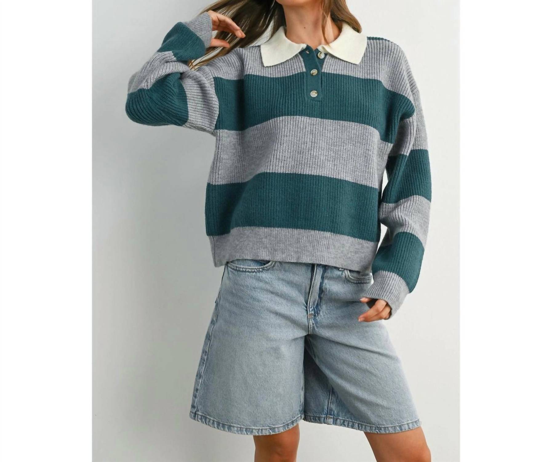Buttermelon Tidepool Striped Sweater Top in teal - women's long sleeve top