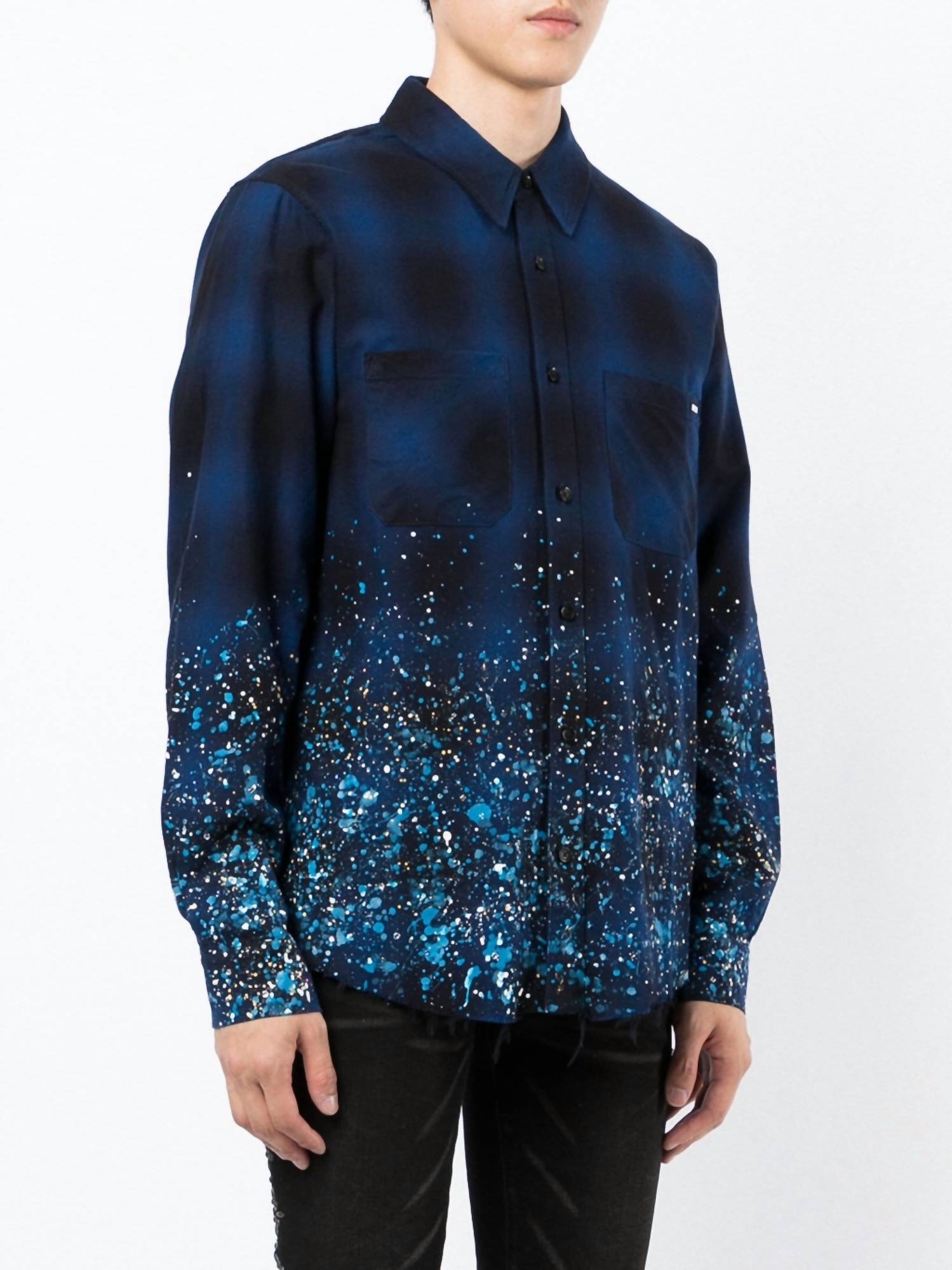 Amiri Crystal Painter Flannel Button Down Shirt in navy black - men's shirt