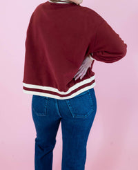 QUEEN OF SPARKLES Rhinestone Stuffed Sweatshirt in maroon ivory - women's top - detail view