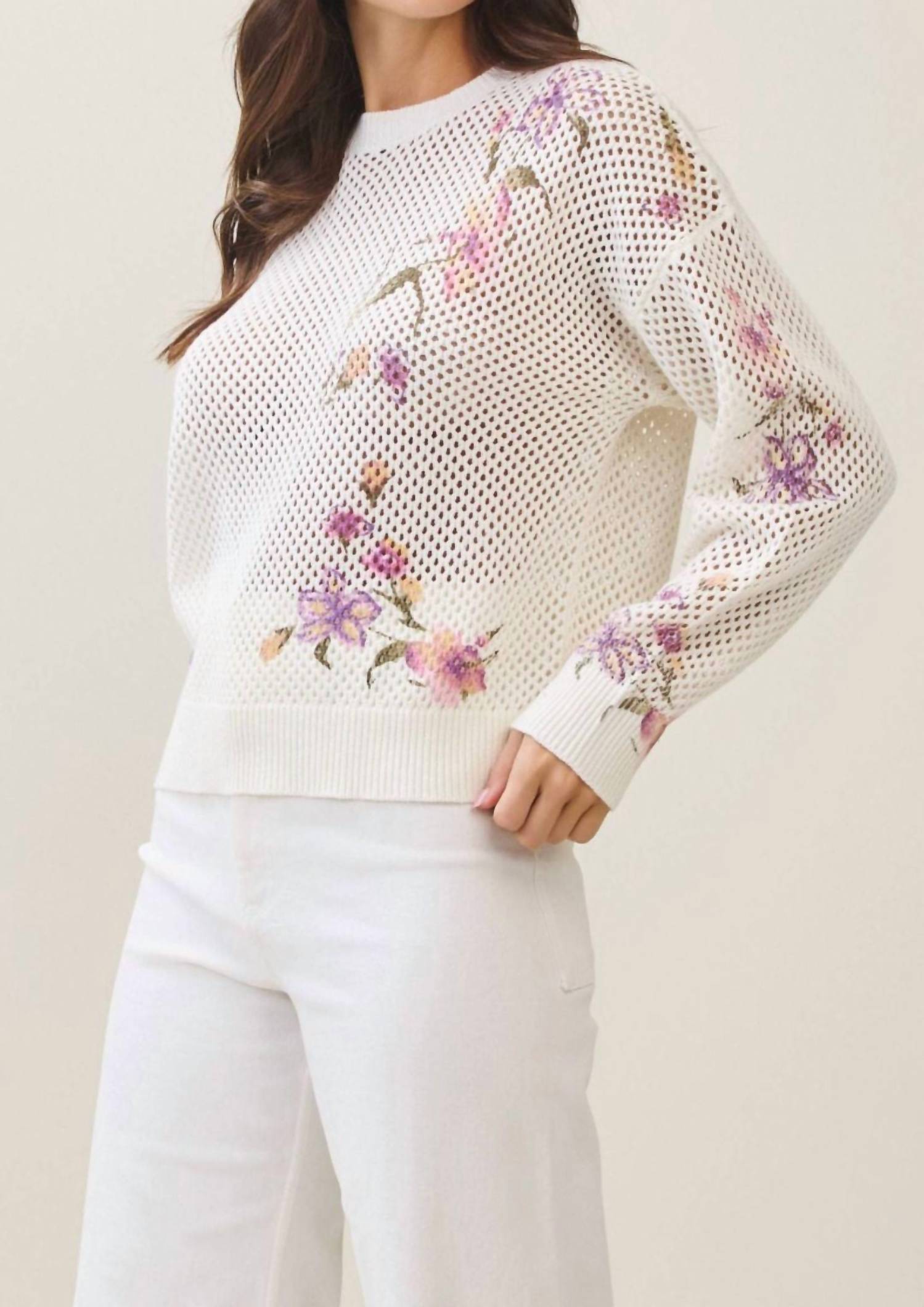 Able - Floral Print Open Knit Sweater
