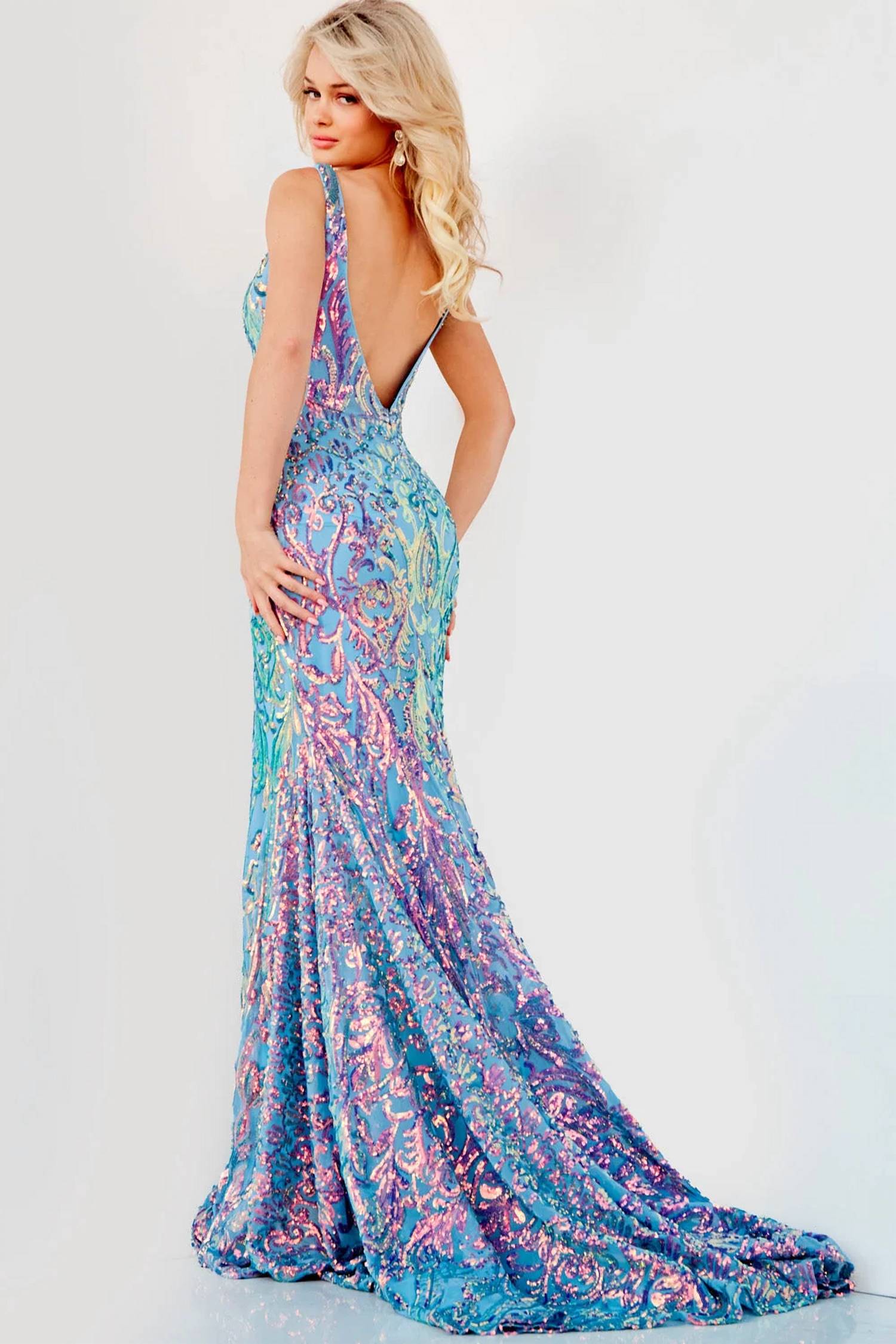Jovani - V Neck Open Back Dress