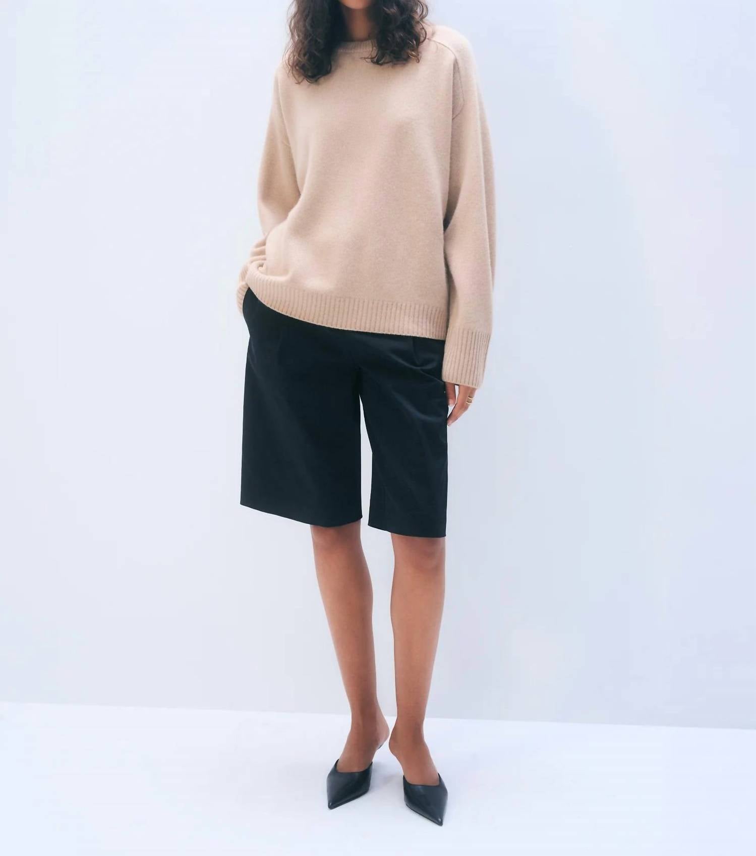 White + Warren Oversized Saddle Sleeve Crewneck Sweater in muted camel - women's sweater
