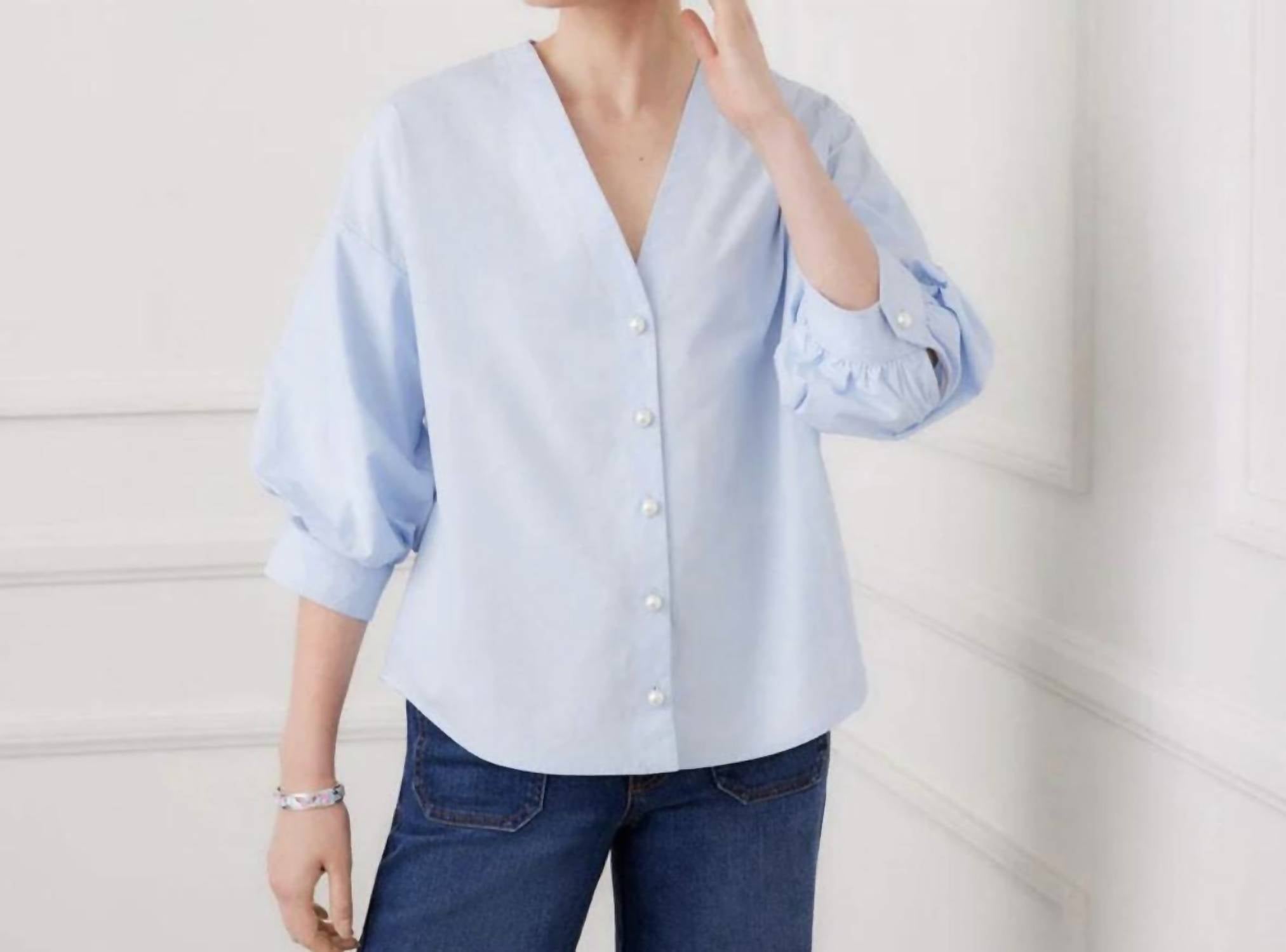 Karen Kane Pearl Button Blouse in blue - women's blouse