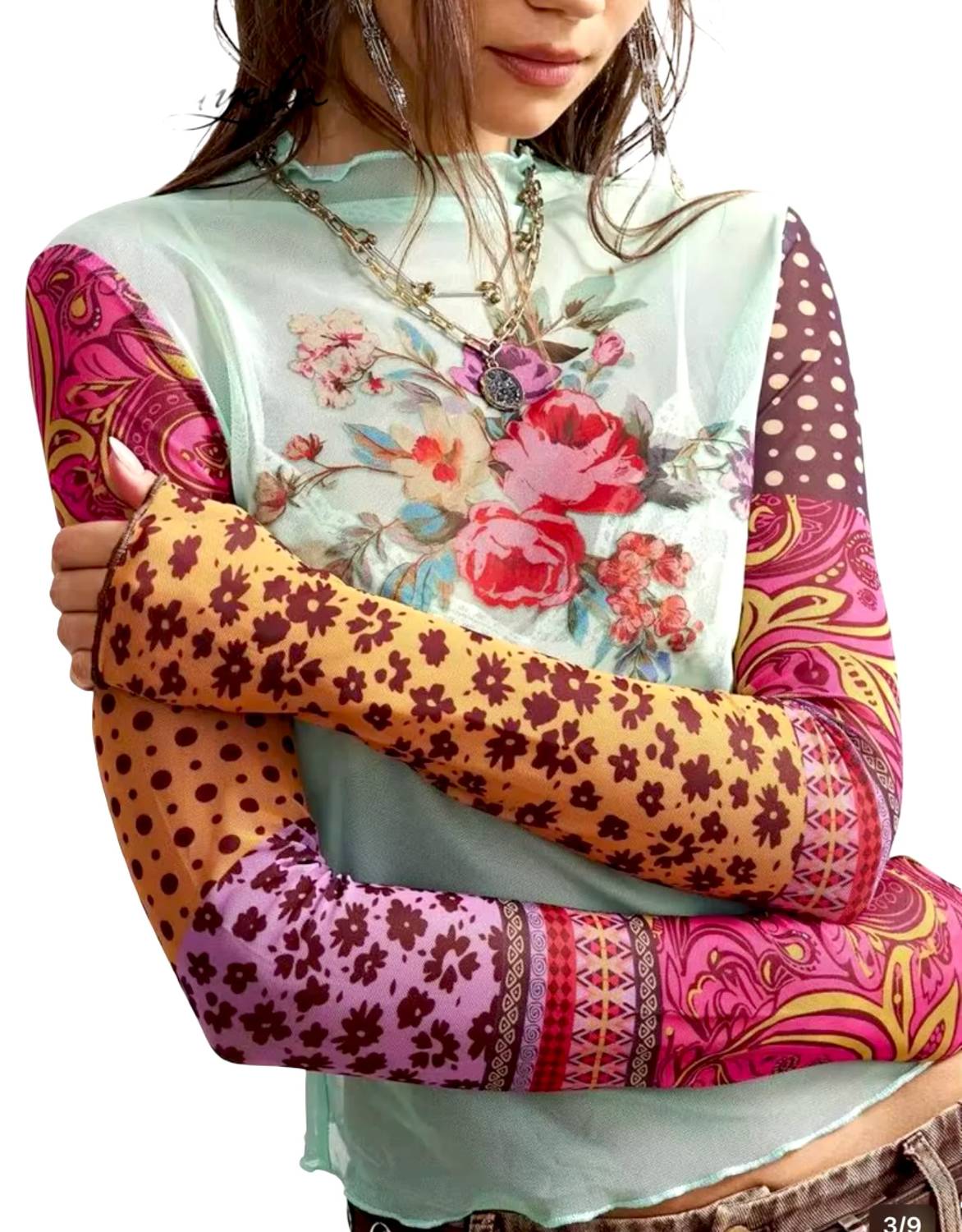 Mccolin - Floral Mixed Pattern Sleeve Top