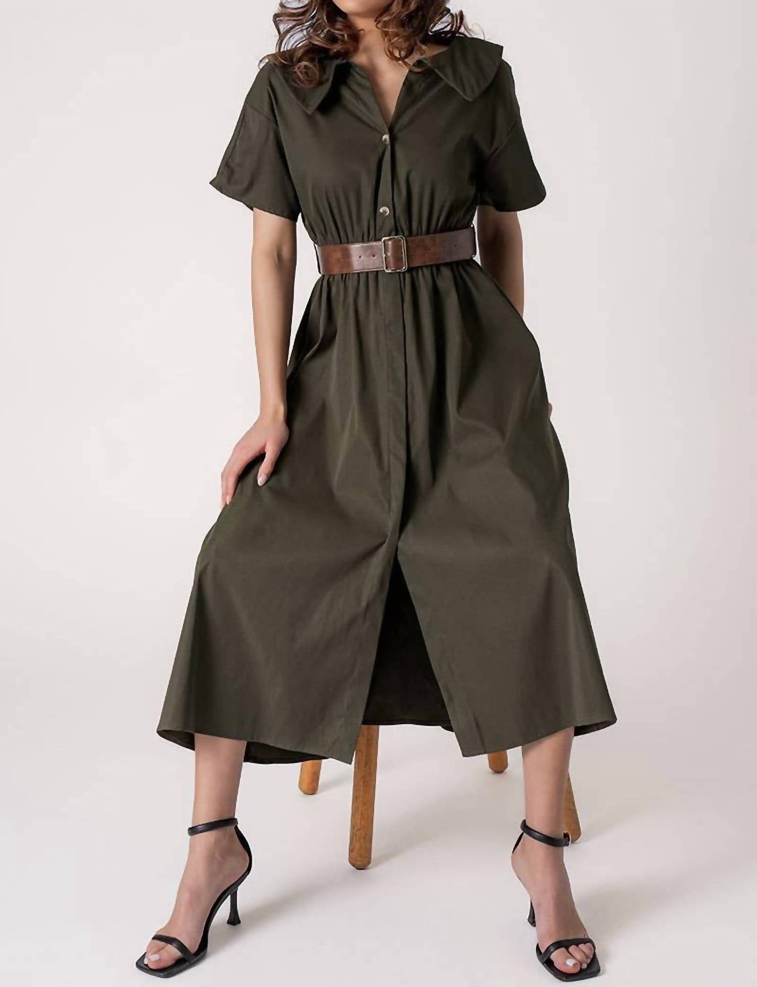 Urban Daizy Exaggerated Collar Spring Shirt Belted Midi Dress in olive - women's dress - view 6