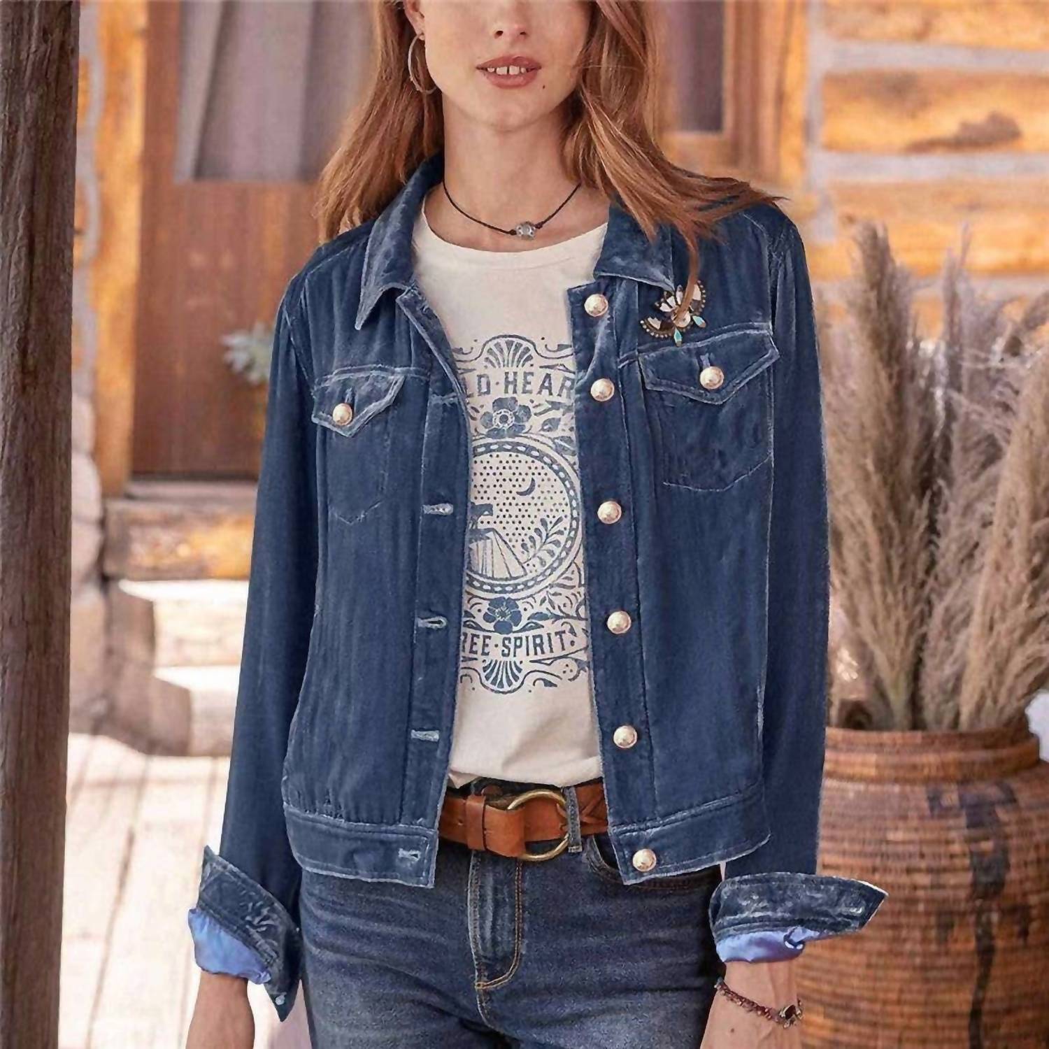 UZWholesale Cropped Velvet Jacket With Lapel in denim - women's jacket