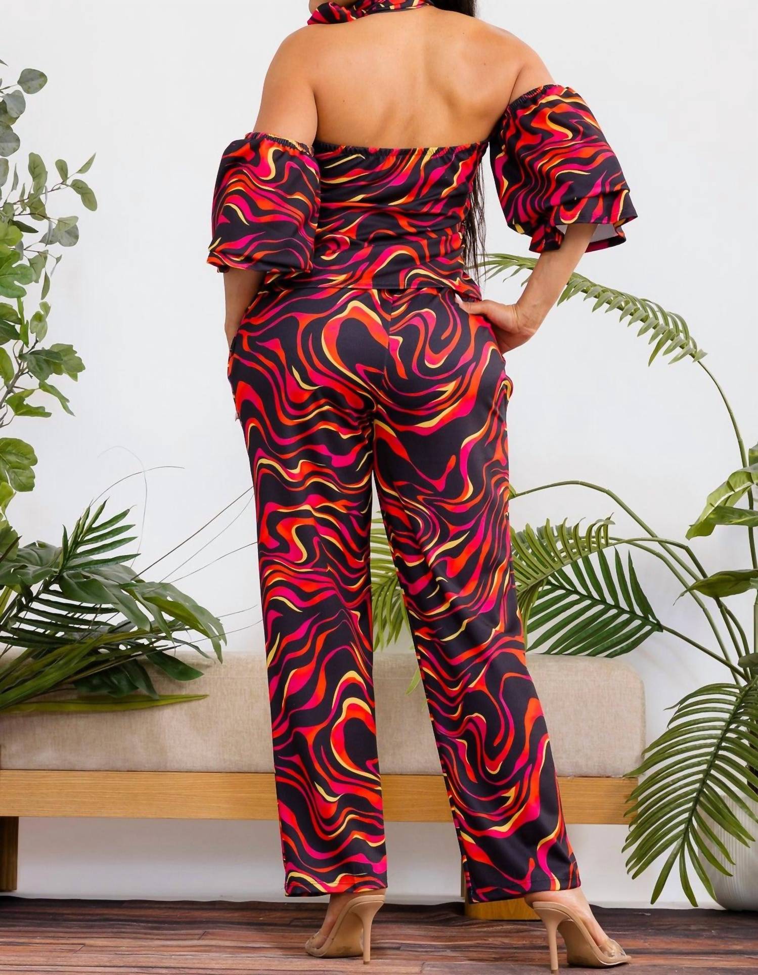 Karen Kane Cold Shoulder Top And Wide Leg Pants Set in red multi - women's pants - view 6