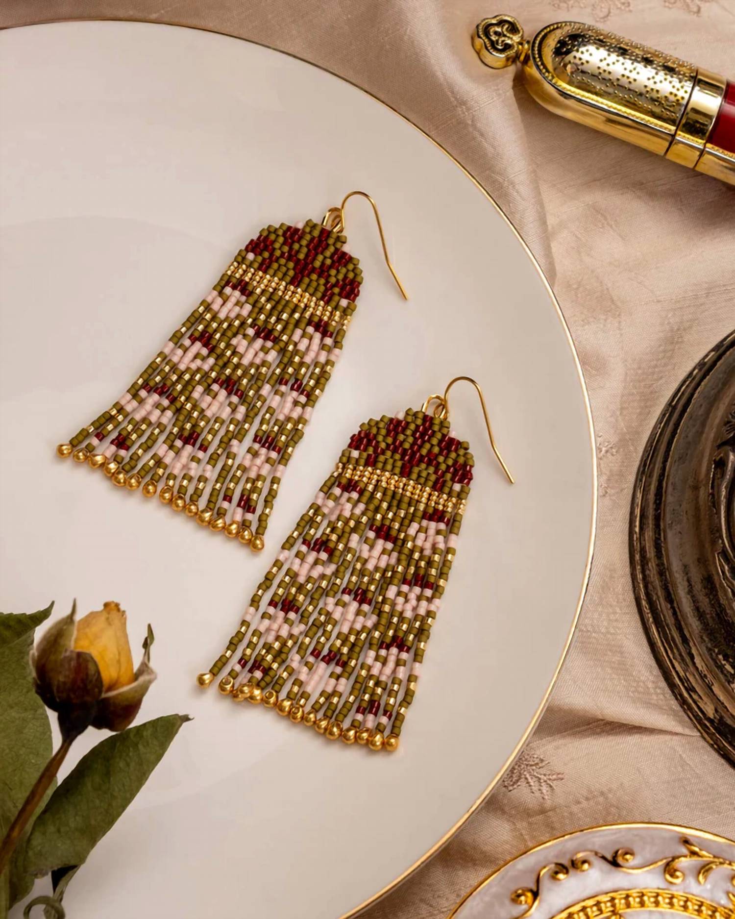 Mayana Designs Women's Brocade Garden Earrings in olive pink - women's jewelry - detail view
