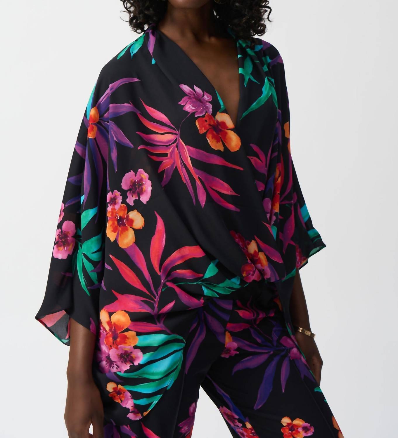 Joseph Ribkoff Draped Faux Wrap Top in black multi - women's blouse