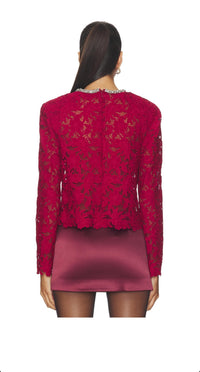 self-portrait Lace crystal trim top in burgundy - women's long sleeve top - view 4