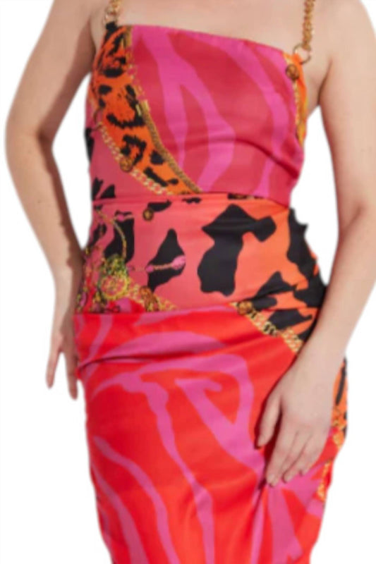 Oolala - Side Ruched Midi Dress With Chain Straps