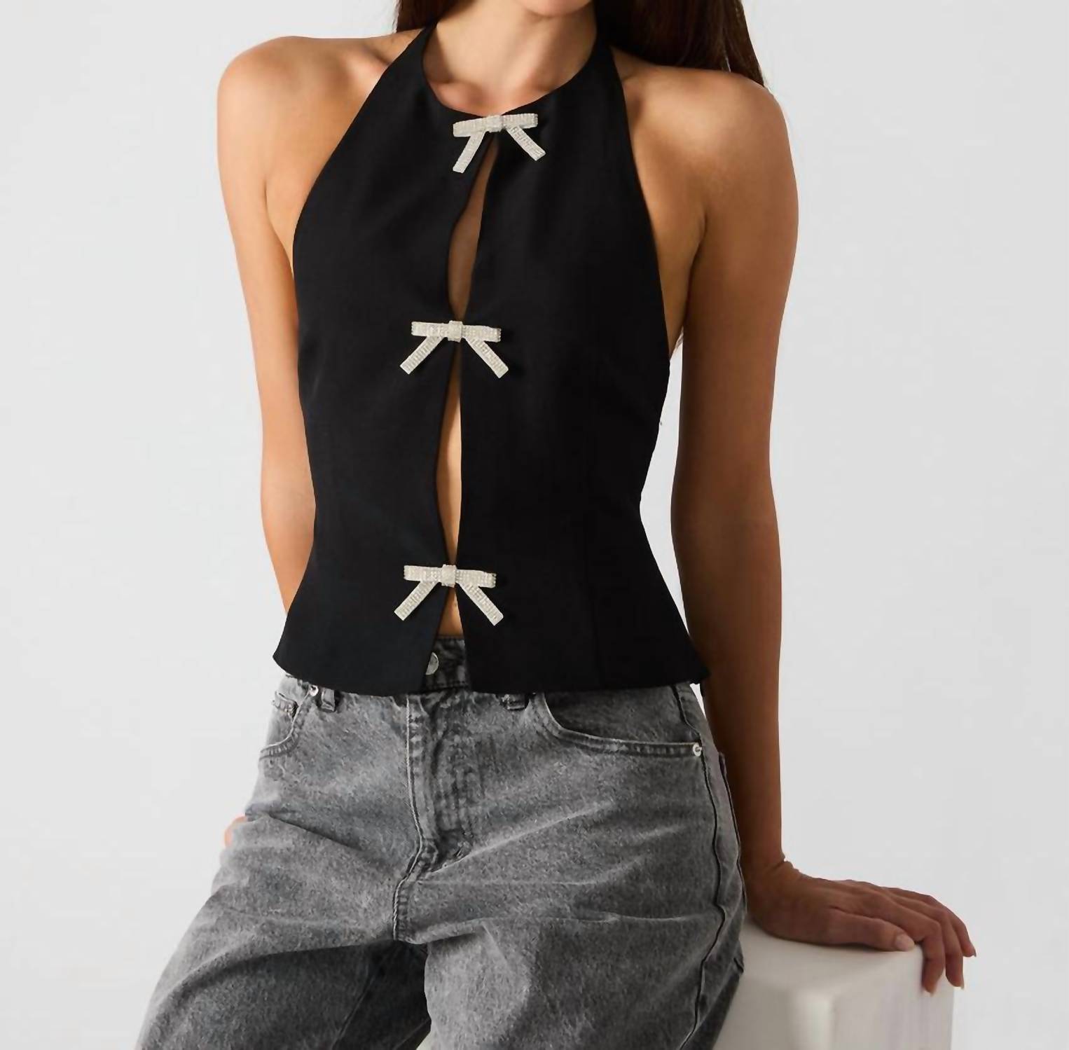 STEVE MADDEN Juvia Bow Top in black - women's tank top - detail view