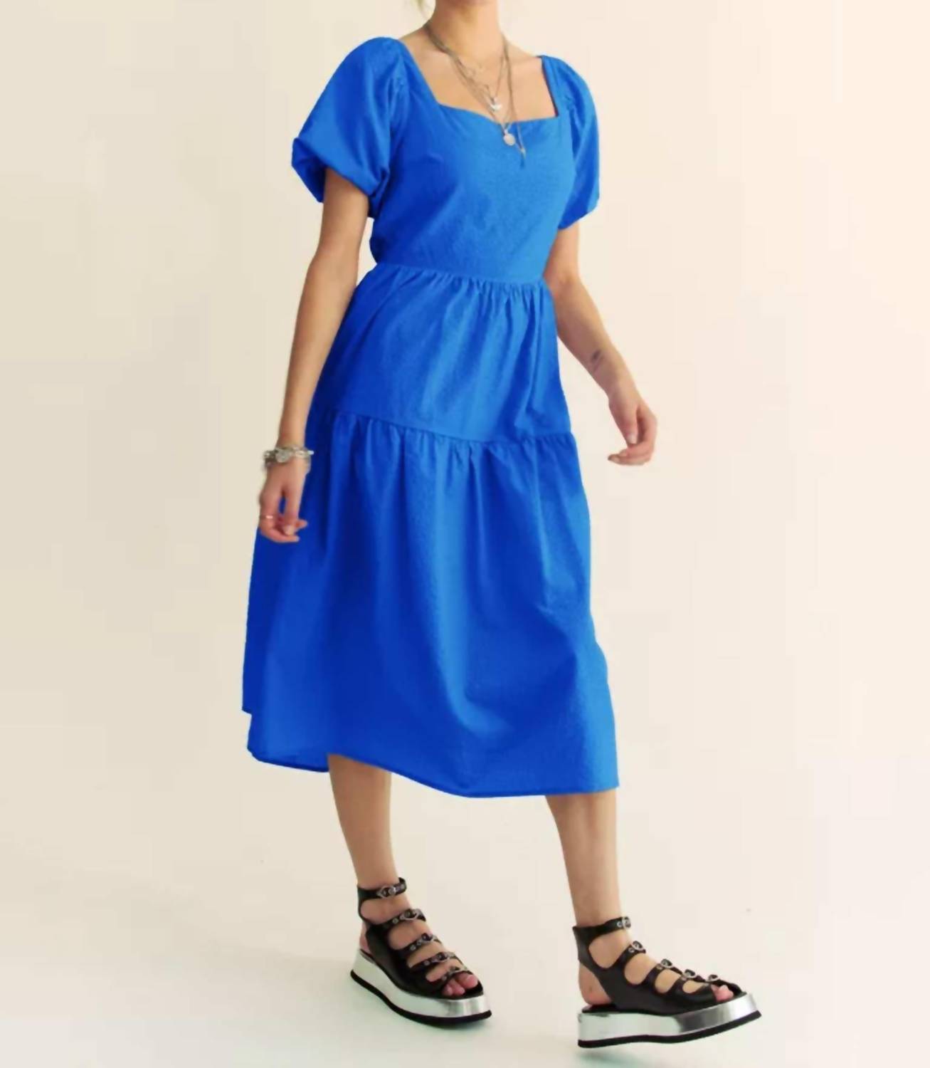 DAVI & DANI Textured Puff Sleeve Midi Dress in blue - women's dress - detail view