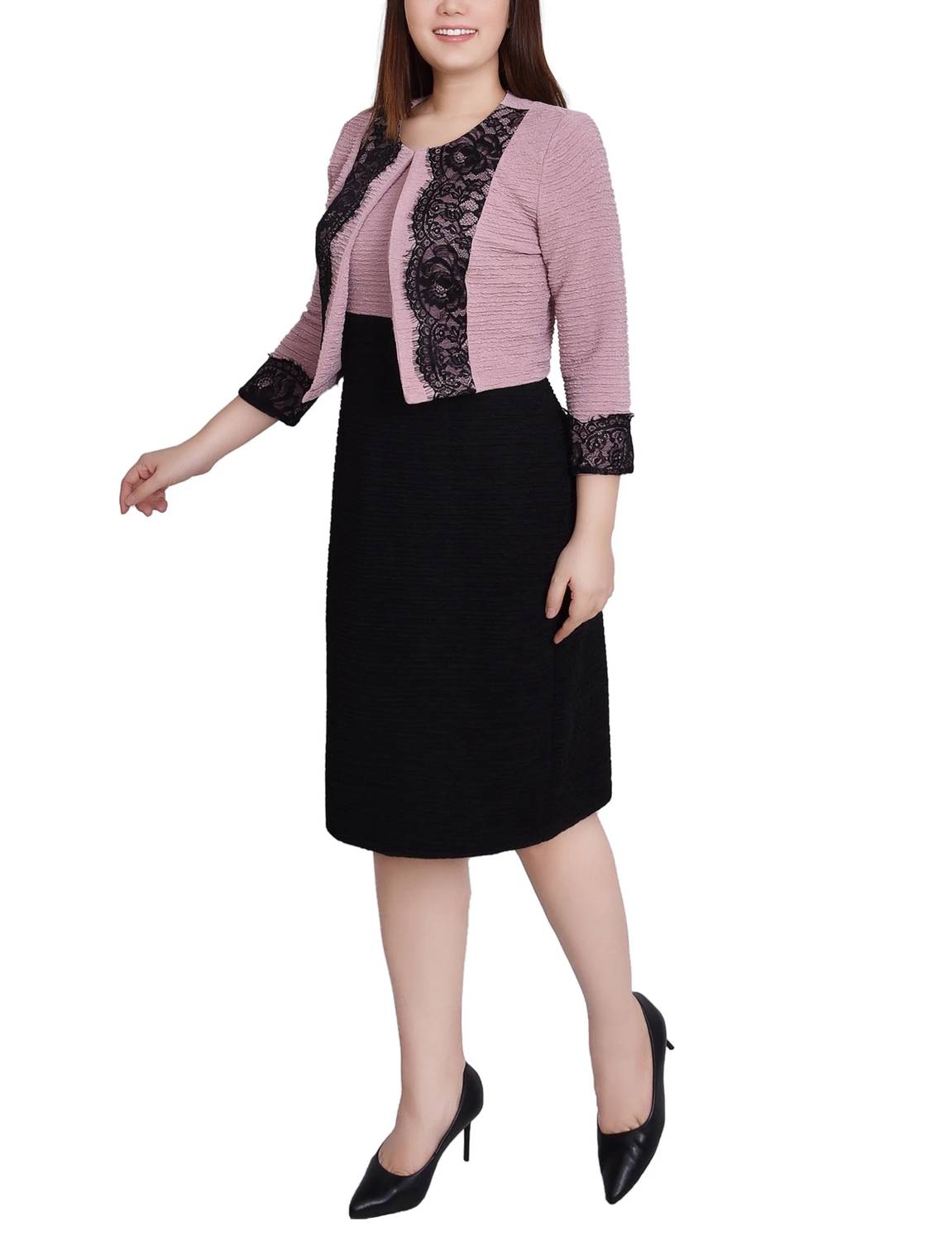 NY Collection Lace-detail 2 Piece Textured Knit Dress Set - Petite in blush black - women's dress - detail view