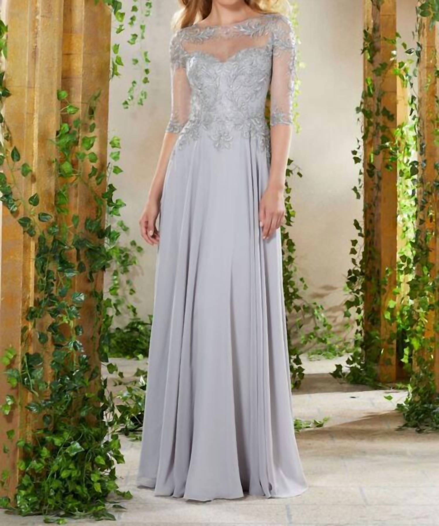 MGNY Beaded Embroidered Bodice Mother Of The Bride Gown in silver - women's dress