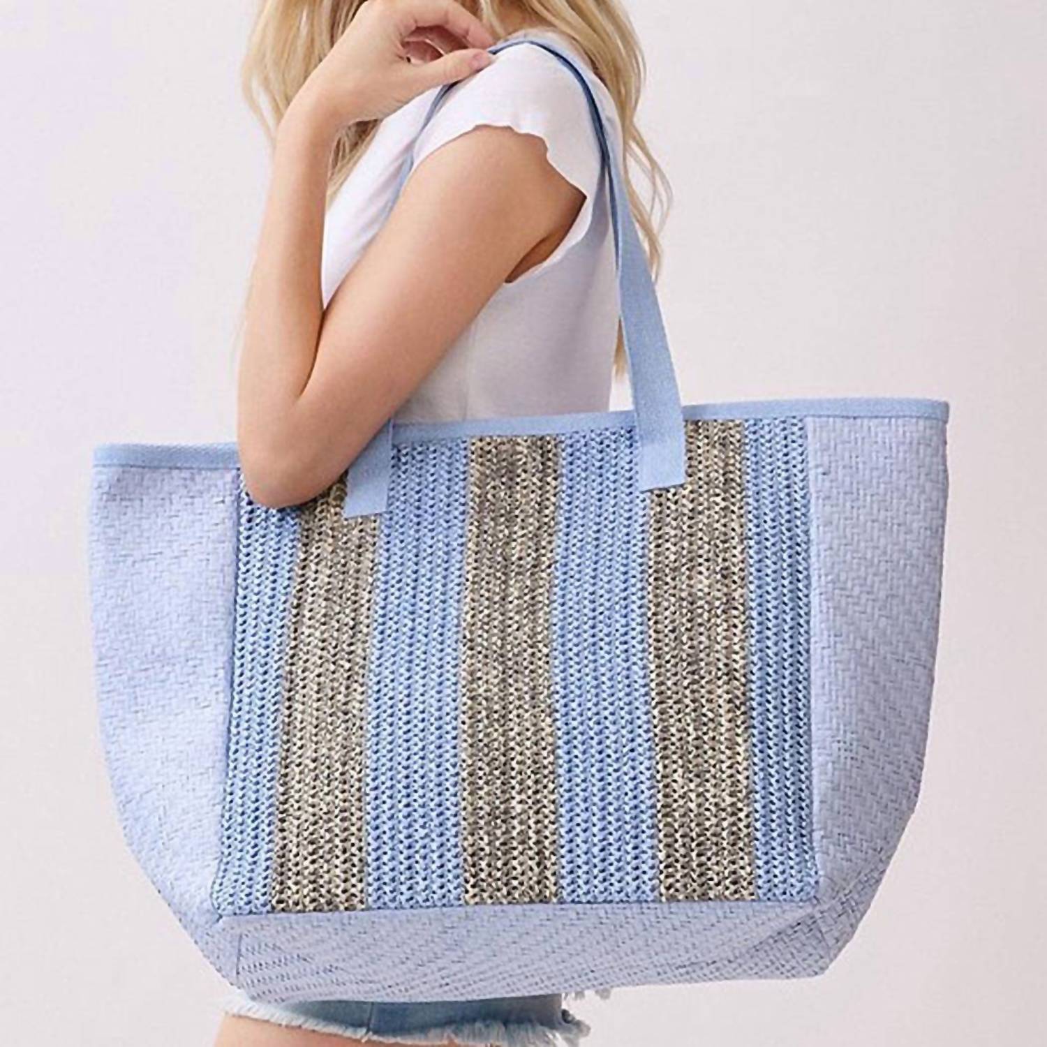 3Am By H&D Accessories - Women's Nautical Stripe Paper Straw Tote Bag