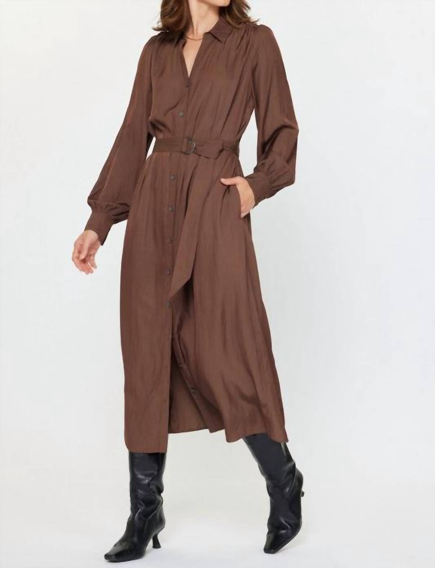 current air Button-down Shirts Dress With Self Tie in brown - women's dress - alternate view